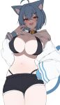  1girl absurdres ahoge animal_ear_fluff animal_ears bell bikini black_bikini black_collar black_shorts blue_hair breasts cat_ears cat_girl cat_tail cleavage collar commission cowboy_shot cropped_jacket dolphin_shorts gadeung_hye hand_on_own_hip hand_up highres jacket jingle_bell large_breasts long_sleeves looking_at_viewer navel open_mouth original puffy_long_sleeves puffy_sleeves short_hair short_shorts shorts smile solo stomach swimsuit tail thighs white_jacket yellow_eyes 