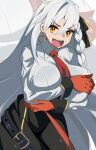  ahoge belt black_wrist_cuffs bow bra_visible_through_clothes braid breasts collared_shirt commentary_request earrings fate/grand_order fate_(series) gloves hair_bow highres huge_breasts jewelry long_hair necktie olga_marie_animusphere olga_marie_animusphere_(unbeast) open_mouth orange_eyes puti_tomato19 red_gloves sharp_teeth shirt teeth very_long_hair white_hair wide_hips wrist_cuffs 