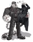  1boy 1other 49cityg alternate_costume ambiguous_gender animal_ears arknights bara black_coat black_pants carrying carrying_person coat doctor_(arknights) full_body furry furry_male furry_with_non-furry hat highres holding interspecies large_hands large_pectorals male_focus mountain_(arknights) muscular muscular_male official_alternate_costume pants pectorals police police_hat police_uniform policeman scar scar_across_eye scar_on_arm scar_on_face selfie short_hair size_difference tail thick_eyebrows tiger_boy tiger_ears tiger_tail white_fur white_hair 