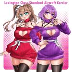  2girls absurdres battle_effectiveness_award belt black_thighhighs blue_eyes blush breasts brown_hair cleavage cleavage_cutout clothing_cutout commentary cowboy_shot dated detached_sleeves dress english_commentary english_text hair_between_eyes halterneck hand_on_own_hip heart_cutout high_side_ponytail highres hip_vent kantai_collection katou_shinobu large_breasts lexington_(kancolle) long_hair looking_at_viewer multiple_girls open_mouth purple_eyes purple_hair purple_sweater red_dress ribbed_sweater short_hair side_ponytail simple_background smile smokestack_hair_ornament sweater sweater_dress thighhighs twitter_username virgin_killer_sweater white_belt 