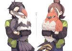  1boy 1girl beak bird black_hair black_pants blue_pants brown_hair closed_mouth commentary_request green_jacket hair_bun harmony_(pokemon) highres holding holding_pokemon hug jacket long_sleeves mukomaru open_clothes open_jacket pants paxton_(pokemon) pokemon pokemon_(creature) pokemon_legends:_z-a red_eyes shirt short_hair simple_background staraptor talonflame talons white_background white_shirt 