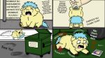 >_< 16:9 2025 abuse ambiguous_gender ambiguous_human animal_abuse blood blood_from_wound blue_hair blue_tail bodily_fluids broken_english comic crotch_breasts crying dialogue digital_drawing_(artwork) digital_media_(artwork) dumpster duo english_text eyes_closed feces female female_feral feral fluffy_pony fluffy_pony_(species) fur gore green_eyes hair hi_res human leg_wound lifted lifted_by_tail light_body light_skin looking_at_object lying mammal mostly_offscreen_character narrowed_eyes on_front open_mouth outside pain photo roadkill_(fc) shaded sitting suicidal tail tears text throwing throwing_character widescreen wounded yellow_body yellow_fur