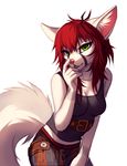  anthro belt canine clothing cute falvie female fennec fox fur green_eyes hair long_hair looking_at_viewer mammal pants pink_nose plain_background red_hair shirt solo tank_top unknown_species white_background white_fur 
