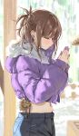  1girl absurdres blurry blurry_background brown_hair closed_eyes closed_mouth commentary_request crop_top denim from_side fur_collar fur_trim hair_bun half_updo highres hochiya-san_wa_amariaru hochiya_kirei hood hood_down jacket jeans midriff misekiss navel pants praying purple_jacket purple_nails shrine single_hair_bun solo upper_body 