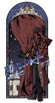  1other absurdres belt black_gloves black_pants black_shirt black_shoes coat curtains dante_(limbus_company) dante_alighieri facing_viewer full_body gloves hashtag-only_commentary highres laurels limbus_company necktie open_mouth pants project_moon red_coat red_necktie shaded_face shirt shoes smile solo star_(sky) white_belt xingming_ronin 