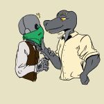 1:1 2026 amber-eyes_(silent-squall) amber_eyes anthro breasts clothing collared_shirt countershade_hands countershade_torso countershading digital_drawing_(artwork) digital_media_(artwork) dress_shirt duo female flat_colors gem_eyes gennan_(silent-squall) green_eyes holding_arm holding_chin humanoid machine makeup male male/female mask masked_male multicolored_body reptile robot robot_humanoid scalie shirt silent-squall simple_background topwear two_tone_body vest wearing_mask
