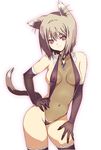  animal_ears breasts brown_hair cat_ears cat_tail collar covered_nipples elbow_gloves gloves hairband hand_on_hip hand_on_leg large_breasts leaning mamecchi navel necktie neko_no_wakusei original red_eyes see-through slingshot_swimsuit solo swimsuit tail thighhighs 