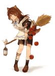  1girl :3 animal_ears ankle_strap apple apron basket black_shirt black_shorts black_socks black_straps blue_ribbon brooch broom brown_eyes brown_hair brown_ribbon brown_shoes closed_mouth cocoa_(shinyshynii) collar commentary elbow_carry english_commentary falling floating_hair food frilled_apron frilled_straps frills fruit hair_intakes hair_ribbon highres holding holding_basket holding_broom jewelry juliet_sleeves lantern leaning_forward long_hair long_sleeves looking_at_viewer mole mole_under_eye neck_ribbon original pigeon-toed puffy_sleeves ribbon shinyshynii shirt shoes shorts smile socks solo swept_bangs tail white_apron white_collar wolf_ears wolf_girl wolf_tail 