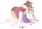  2girls ascot blonde_hair blush bow brown_eyes brown_hair calligraphy_brush commentary_request detached_sleeves dress frilled_bow frilled_hair_tubes frills hair_bow hair_tubes hakurei_reimu hane_(hanetsuki) hat hat_ribbon long_hair lying mob_cap multiple_girls new_year on_back open_mouth paintbrush pleated_skirt purple_dress red_bow red_skirt ribbon ribbon-trimmed_sleeves ribbon_trim shishiky skirt skirt_set socks sweat tally thighhighs touhou white_socks white_thighhighs yakumo_yukari yellow_ascot yellow_eyes yuri 