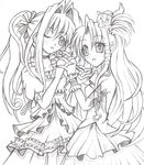  2girls animal animal_on_head bad_id bad_pixiv_id cokua dress holding_hands interlocked_fingers long_hair multiple_girls on_head one_eye_closed original traditional_media 