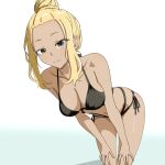  1girl bikini black_bikini blonde_hair breasts brown_eyes cleavage closed_mouth cowboy_shot gradient_background halterneck hands_on_own_knees hashtag-only_commentary ichinose_karina leaning_forward looking_at_viewer manemane_nichinichi medium_breasts multi-strapped_bikini_bottom navel ruri_(ruri_) side-tie_bikini_bottom sidelocks smile solo string_bikini swimsuit white_background 