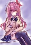  1girl black_thighhighs blazer blood blood_on_face blush bow chaos;head collared_shirt commentary_request crossed_legs dagger dress_shirt hair_between_eyes highres holding holding_dagger holding_knife holding_weapon jacket knife long_hair long_sleeves looking_at_viewer nishijou_myu pink_eyes pink_hair plaid_clothes plaid_skirt pleated_skirt sakihata_rimi school_uniform science_adventure shirt sitting skirt smile solo suimei_academy_school_uniform thighhighs weapon white_shirt 