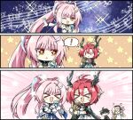  ! >_< 1boy 3girls aemeath_(wuthering_waves) ahoge beamed_eighth_notes black_hair blonde_hair breasts ciaccona_(wuthering_waves) cleavage commentary_request dress gloves hair_ornament headphones highres holding holding_microphone horns idol korean_commentary long_hair looking_at_viewer lynae_(wuthering_waves) male_rover_(wuthering_waves) medium_breasts microphone multiple_girls music musical_note one_eye_closed open_mouth orange_eyes outstretched_arm pink_hair pointy_ears ponytail red_hair rover_(wuthering_waves) sidelocks singing smile spoken_exclamation_mark star-shaped_pupils star_(symbol) symbol-shaped_pupils tree_horns white_dress white_gloves windy_(jazz9207) wuthering_waves 