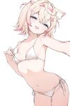  1girl :d absurdres animal_ear_fluff animal_ears bandaid bandaid_hair_ornament bikini blonde_hair blue_eyes breasts commentary crossed_bangs dog_ears dog_girl dog_tail double-parted_bangs fake_horns fang hair_between_eyes hair_intakes hair_ornament hairband hashtag-only_commentary highres hololive hololive_english horn_hairband horns looking_at_viewer mococo_abyssgard navel nyashira open_mouth pink_hairband pink_streaks reaching reaching_towards_viewer short_hair side-tie_bikini_bottom simple_background skin_fang small_breasts smile solo strap_lift string_bikini swimsuit tail two_side_up virtual_youtuber white_background white_bikini x_hair_ornament 