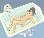  barefoot bath bathtub brown_eyes brown_hair copyright_request flash_tomo flat_chest lying navel nipples nude on_back pubic_hair rubber_duck smile solo water 