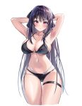  1girl absurdres ao_no_kanata_no_four_rhythm armpits arms_behind_back arms_up ass_visible_through_thighs bare_arms bikini black_bikini black_hair black_ribbon blush breasts cleavage closed_mouth collarbone cowboy_shot curvy hair_between_eyes hair_ribbon highres large_breasts layered_bikini long_hair looking_at_viewer multi-strapped_bikini_bottom multi-strapped_bikini_top navel presenting_armpit red_eyes ribbon sidelocks simple_background solo standing swimsuit thigh_strap thighs tobisawa_misaki uyufuzi_s very_long_hair white_background wide_hips 