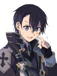  1boy absurdres black_gloves black_hair blue_eyes coat commentary_request finger_to_cheek fingerless_gloves gloves highres kirito light_blush looking_at_viewer male_focus open_mouth short_hair solo sword_art_online toramaru_(696anna) white_background 