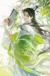  1boy al_(ahr) backlighting bamboo bamboo_forest bamboo_print beads bindi black_hair blue_gem chinese_clothes commentary_request cowboy_shot curtained_hair dappled_sunlight eyelashes floating_clothes floating_hair forest from_behind gem green_shawl half-closed_eyes half_updo hand_fan hands_up hanfu highres holding holding_fan light_particles long_hair long_sleeves looking_at_viewer looking_back male_focus nature parted_bangs parted_lips puffy_long_sleeves puffy_sleeves renzha_fanpai_zijiu_xitong ribboned_xiao_guan robe shawl shen_qingqiu solo sunlight very_long_hair white_robe 