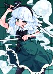  1girl black_bow black_bowtie black_hairband black_pantyhose bow bowtie bright_pupils buttons closed_mouth cowboy_shot dual_wielding frown gram_9 green_background green_eyes green_skirt green_vest hairband highres holding holding_sword holding_weapon konpaku_youmu konpaku_youmu_(ghost) medium_hair pantyhose scratches shirt short_sleeves skirt solo sparkle sword touhou uneven_eyes v-shaped_eyebrows vest weapon white_hair white_pupils white_shirt 