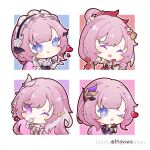 1girl ;) absurdres black_gloves black_shrug blue_eyes chibi chibi_only commentary corset cup diamond-shaped_pupils diamond_(shape) elf elysia_(herrscher_of_human:_ego)_(honkai_impact) elysia_(honkai_impact) elysia_(miss_pink)_(honkai_impact) elysia_(miss_pink_elf)_(honkai_impact) elysia_(peachy_spring)_(honkai_impact) english_commentary envelope fake_horns flower four-finger_heart_hands gloves hair_between_eyes hair_flower hair_ornament heart heart_hands highres holding holding_envelope hongbao honkai_(series) honkai_impact_3rd horns licking_lips long_hair looking_at_viewer maid maid_headdress movrein multicolored_hair multiple_views official_alternate_costume one_eye_closed pink_hair pointy_ears purple_eyes shrug_(clothing) single_glove smile symbol-shaped_pupils tongue tongue_out twitter_username two-tone_hair very_long_hair white_corset white_gloves white_hair 
