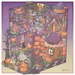  2boys animal ascot bare_tree bear border candy cat chigu commentary_request cross floorplan flying_sweatdrops food ghost gradient_background halloween highres holding holding_candy holding_food holding_lollipop house jack-o'-lantern jacket lollipop long_sleeves male_focus multiple_boys original outside_border pumpkin purple_background purple_jacket rabbit silk spider_web spoken_flying_sweatdrops standing swirl_lollipop tombstone tree two-tone_background white_ascot white_border yellow_background 