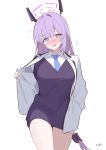  1girl :o alternate_costume artist_name black_dress blue_archive blue_necktie blush bright_pupils commentary dress flying_sweatdrops halo hand_in_pocket jacket long_hair looking_at_viewer low-tied_long_hair necktie nose_blush purple_eyes purple_hair shirt simple_background solo thighs utaha_(blue_archive) v-shaped_eyebrows very_long_hair white_background white_jacket white_pupils white_shirt yukki83130530 