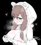  1girl animal_ears bare_shoulders bear_ears black_background blue_eyes blush breasts brown_hair cleavage clothes_pull commentary_request detached_hood embarrassed fake_animal_ears habu_rin hair_over_shoulder halterneck heart heavy_breathing large_breasts long_hair looking_at_viewer motion_lines nipples off-shoulder_shirt off_shoulder open_mouth shirt shirt_pull simple_background smile solo spaghetti_strap strinova uncensored upper_body white_hood white_shirt yvette_(strinova) 