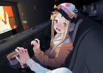  2boys 2girls abigail_williams_(fate) absurdres baseball_cap black_bow blonde_hair blue_eyes blush bow breasts commentary_request cup disposable_cup fate/grand_order fate_(series) food forehead hair_bow hat highres jacket jewelry keyhole long_hair long_sleeves looking_at_viewer movie_theater multiple_boys multiple_girls necklace open_mouth orange_bow orange_jacket parted_bangs popcorn shiro_ami shirt sidelocks sitting small_breasts solo_focus twintails white_shirt 