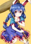  animal_ears bangs blue_dress blue_hair blush bobby_socks bow breasts bunny_ears collarbone commentary_request crescent_print dress eyebrows_visible_through_hair feet_out_of_frame frills hair_between_eyes hair_bow highres holding holding_mallet kine long_braid long_hair looking_at_viewer mallet petticoat pink_eyes puffy_short_sleeves puffy_sleeves red_bow ruu_(tksymkw) seiran_(touhou) short_sleeves simple_background small_breasts smile socks solo star star_print touhou white_legwear yellow_background 