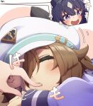  2girls :d absurdres animal_ears blue_hair blush brown_hair cheval_grand_(umamusume) closed_mouth commentary_request ear_covers finger_sucking hair_between_eyes hat hibiki_(zerocodo) highres horse_ears horse_girl multiple_girls open_mouth purple_eyes school_uniform siblings sisters smile spoken_character tracen_school_uniform umamusume verxina_(umamusume) white_hat 