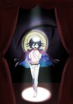  2boys absurdres arm_behind_back barefoot black_hair commentary_request curtains danganronpa_(series) danganronpa_v3:_killing_harmony dark_background flipped_hair full_body hair_between_eyes hand_on_own_chest highres jacket jacket_on_shoulders male_focus multiple_boys oma_kokichi open_mouth pants partial_commentary saihara_shuichi short_hair size_difference smile solo_focus spoilers spotlight starry_sky_print waguri_(ronpa) white_pants yellow_eyes 