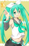  bad_id bad_pixiv_id blush bow clover_(moti) cosplay detached_sleeves green_eyes green_hair hair_bow hatsune_miku headphones kagamine_rin kagamine_rin_(cosplay) long_hair project_diva project_diva_(series) smile solo star vocaloid 