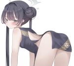  1girl ass black_dress black_hair blue_archive blush breasts china_dress chinese_clothes commentary_request double_bun dragon_print dress eyelashes grey_hair grey_halo hair_bun halo highres kisaki_(blue_archive) long_hair looking_at_viewer nemumuchan pelvic_curtain simple_background sleeveless sleeveless_dress solo thighs twintails white_background 