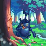  1boy antennae blue_carapace bug cameo carapace claws forest full_body happy heracross highres horns licking licking_hand licking_own_claws male_focus namnums nature nectar no_humans open_mouth outdoors pikipek pokemon pokemon_(creature) silhouette single_horn smile solo standing stream tree woodpecker 