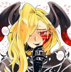  1girl armor black_armor blonde_hair blush dragon_horns facial_mark fate/grand_order fate_(series) flying_sweatdrops gloves hair_over_one_eye horns kuriimu0203 long_hair nero_claudius_(fate) pointy_ears queen_draco_(fate) queen_draco_(third_ascension)_(fate) red_eyes shy smile tearing_up 