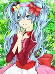 bad_id bad_pixiv_id blue_eyes blue_hair bow clover_(moti) colorized hair_bow hatsune_miku long_hair smile solo twintails vocaloid 