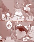 ambiguous_gender bodily_fluids charmeleon dialogue drooling eye_scar facial_scar feral fire flaming_tail forest generation_1_pokemon generation_3_pokemon glistening glistening_tongue group hi_res high-angle_view imminent_vore incredibleediblecalico male monochrome mouth_shot nintendo open_mouth plant pokemon pokemon_(species) sableye saliva saliva_on_tongue saliva_string scar sharp_teeth smile snout tail teeth throat tongue tongue_out tree vore_pov