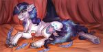 2020 alcohol artist_name bed beverage blue_eyes blue_mane blue_tail colored container cup cutie_mark digital_drawing_(artwork) digital_media_(artwork) drinking_glass english_description equid equine eyebrow_through_hair eyebrows feathering feral friendship_is_magic fur furniture glass glass_container glass_cup grey_hooves hair hasbro hooves horn inside light lighting long_tail looking_at_viewer loose_feather lying lying_on_bed male male_feral mammal mane medium_mane multicolored_mane my_little_pony mythological_creature mythological_equine mythology on_bed on_front orange_blanket quadruped rayrage red_curtains romantic romantic_ambiance shaded shining_armor_(mlp) smile smiling_at_viewer solo tail text translucent translucent_hair two_tone_mane two_tone_tail unguligrade unicorn white_body white_fur wine wine_glass