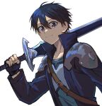  1boy absurdres black_coat black_eyes black_gloves black_hair closed_mouth coat commentary_request fingerless_gloves gloves hair_between_eyes highres holding holding_sword holding_weapon kirito looking_at_viewer male_focus over_shoulder short_hair simple_background solo sword sword_art_online sword_over_shoulder toramaru_(696anna) upper_body weapon weapon_over_shoulder white_background 