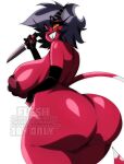 2026 2_horns areola armwear artist_name big_breasts big_butt black_hair breasts butt clothing curvy_figure demon distracting_watermark elbow_gloves eyelashes female gloves hair handwear hellaverse helluva_boss hi_res holding_knife holding_object horn huge_breasts huge_butt humanoid imp knife long_eyelashes millie_(helluva_boss) mostly_nude nipples not_furry one_eye_closed peachpie669 red_body red_skin short_hair simple_background smile solo teeth text thick_thighs tooth_gap twitter_handle voluptuous watermark white_background wide_hips wink yellow_eyes