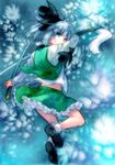  arm_up bad_id bad_pixiv_id blue_eyes dual_wielding fighting_stance hair_ribbon holding katana konpaku_youmu midriff ne-on ribbon shirt short_hair silver_hair skirt skirt_set solo sword touhou vest weapon 