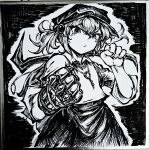  1girl absurdres chinese_commentary closed_mouth collared_shirt commentary_request cowboy_shot crowbar flat_cap gauntlets hair_bobbles hair_ornament hat highres holding holding_crowbar jewelry kawashiro_nitori key key_necklace looking_at_viewer necklace shirt single_gauntlet skirt sleeves_rolled_up solo touhou two_side_up xiao'an_de_kaoroufan 