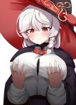  1girl absurdres blue_archive blush bow braid breasts eri_(blue_archive) grabbing_own_breast hat highres hood hooded_jacket jacket jewelry korean_commentary large_breasts multiple_rings red_bow ring sabnak66 shirt white_hair white_shirt witch_hat yellow_eyes 