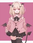  1girl black_bow black_bowtie black_choker black_skirt black_thighhighs blonde_hair blunt_bangs bow bowtie buttons cardigan cardigan_partially_removed character_name choker commentary_request cowboy_shot demon_tail fang frilled_shirt frills hair_bow hair_intakes hair_ornament hairclip highres jirai_kei ksrgiing letterboxed long_hair open_mouth pink_background pink_cardigan pink_eyes pink_shirt ririka_(vrchat) shirt skindentation skirt solo tail thigh_strap thighhighs two_side_up vrchat wing_hair_ornament 