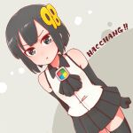  1girl 98-tan :t ascot bare_shoulders black_ascot black_eyes black_gloves black_hair black_skirt black_thighhighs closed_mouth collared_shirt commentary_request contrast_collar dutch_angle elbow_gloves gloves hair_ornament highres imuhata_shimuro miniskirt number_hair_ornament os-tan pleated_skirt shirt short_hair skirt sleeveless sleeveless_shirt solo thighhighs v-shaped_eyebrows white_shirt zettai_ryouiki 