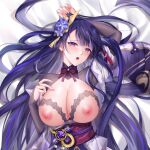  1girl bed bed_sheet blunt_bangs blush breasts bridal_gauntlets close-up clothing_cutout commentary dakimakura_(medium) electro_symbol_(genshin_impact) genshin_impact gigantic_breasts hair_down hair_ornament head_tilt huge_breasts indoors japanese_clothes kimono kl501 long_hair looking_at_viewer mitsudomoe_(shape) mole mole_under_eye multicolored_hair naughty_face neck_ribbon nipples off_shoulder open_mouth puffy_nipples purple_kimono purple_nails raiden_shogun red_ribbon red_sash ribbon sash shoulder_cutout solo streaked_hair tomoe_(symbol) upper_body 