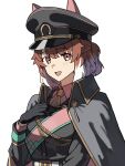  1girl aiguillette animal_ears black_cape black_gloves black_jacket breasts brown_eyes brown_hair cape commentary dantsu_flame_(umamusume) ear_covers ears_through_headwear english_commentary gloves hat horse_ears horse_girl jacket looking_at_viewer military_uniform multicolored_hair okimoto open_mouth peaked_cap pink_sash sash simple_background smile solo umamusume upper_body white_background white_hair 