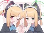  2girls :3 animal_ear_headphones animal_ears blonde_hair blue_archive blush bow cat_ear_headphones cat_ears commentary_request fake_animal_ears green_eyes hair_bow halo headphones highres holding_hands long_sleeves low_ponytail maid maid_headdress midori_(blue_archive) momoi_(blue_archive) multiple_girls neck_ribbon one_eye_closed open_mouth outline outside_border pink_eyes ponytail ribbon roshi_to siblings sisters smile twins 