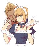  1girl anger_vein artoria_pendragon_(all) bad_id bad_pixiv_id baozi blonde_hair carnival_phantasm cocopps fate/stay_night fate_(series) food gilgamesh green_eyes maid middle_finger red_eyes saber short_hair white_background 