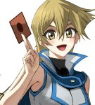  1girl blonde_hair blue_gloves breasts brown_eyes card commentary_request duel_academy_uniform_(yu-gi-oh!_gx) gloves hair_between_eyes holding holding_card large_breasts long_hair looking_at_viewer rourou_ill shirt simple_background sleeveless sleeveless_jacket sleeveless_shirt smile solo standing straight_hair tenjouin_asuka turtleneck white_background yu-gi-oh! yu-gi-oh!_gx 